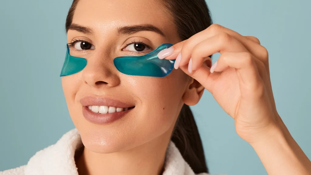 a woman using branded eye patches with blue color on her face