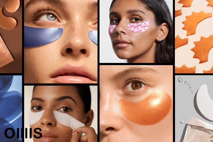 a grid picture that full of ladies using eye patches on her faces with branded luxury products