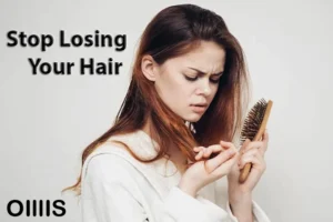 an image of a young women warring about losing her hair and looking at hair comb