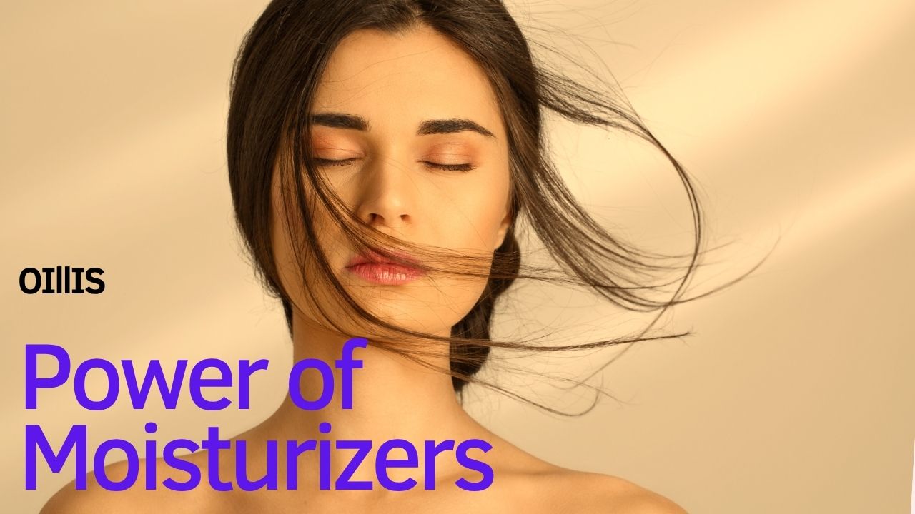 oillis youtube promotion banner with a girl closing her eyes with cream nude color background