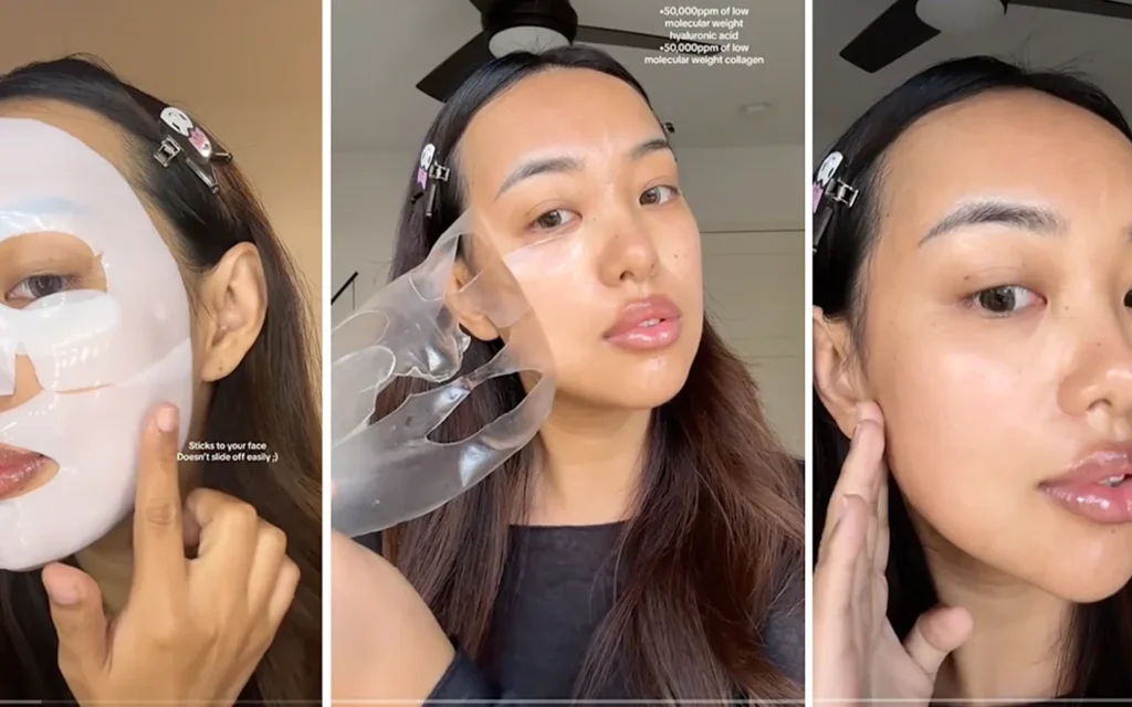 an Asian young woman who wearing step by step in a grid picture the biodance bio collagen face mask to show the perfect result of using this mask