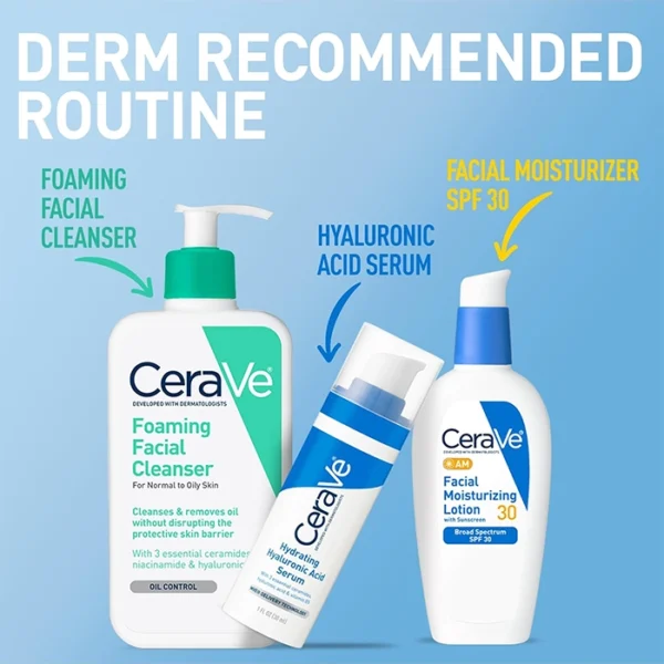 AM Facial Moisturizing Lotion with SPF 30, Oil-Free Face Moisturizer with SPF, Formulated with Hyaluronic Acid, Niacinamide & Ceramides, Non-Comedogenic, Broad Spectrum Sunscreen, 3 Ounce three types of cera ve face care products