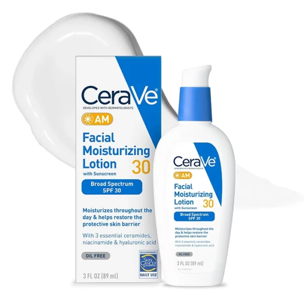 cera ve AM Facial Moisturizing Lotion with SPF 30, Oil-Free Face Moisturizer with SPF, Formulated with Hyaluronic Acid, Niacinamide & Ceramides, Non-Comedogenic, Broad Spectrum Sunscreen, 3 Ounce