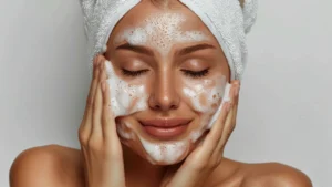 how to get clear skin just like the younger age a woman using cleaning products to clean and clear her skin like foam cleaner